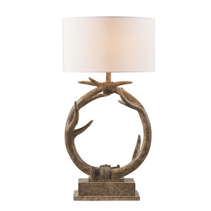 Homeroots Lighting 27" Rustic Faux Antlers Table Lamp, Brown with White Drum Shade