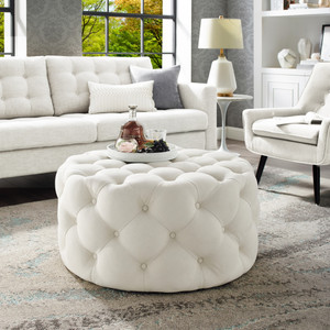 33" Cream White 100% Linen With Black Tufted Round Cocktail Ottoman - 606114687986 33" Cream White 100% Linen With Black Tufted Round Cocktail Ottoman - 606114687986