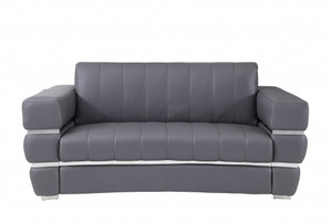 Homeroots Living Room 75" Dark Gray Italian Leather with Chrome Accents Love Seat