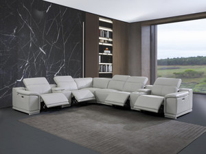Light Gray Italian Leather Power Recline L Shape Eight Piece Corner Sectional With Console - 606114151562