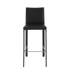 Homeroots Living Room Set of Two Full Black Faux Leather Bar Stools, Black