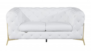 69" White All Over Tufted Italian and Gold Leather Love Seat - 4512822870915