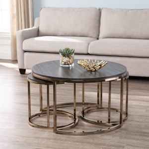 Homeroots Living Room 32" Round Coffee Table, Champagne and Charcoal Finish, Manufactured Wood and Metal