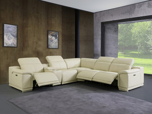 Homeroots Living Room Beige Italian Leather Power Recline L Shape Six Piece Corner Sectional With Console