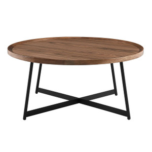 Homeroots Living Room Modern Elegance Brown Walnut and Black Modern Round Coffee Table, Brown Walnut Finish, Black Steel Base