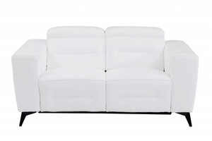 Homeroots Living Room 65" White Italian Leather Reclining Love Seat, Chrome Finish