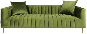 Homeroots Living Room 90" Moss Green Velvet and Gold Sofa with Two Toss Pillows