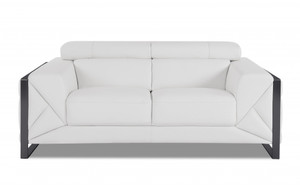 Homeroots Living Room 75" White Italian Leather and Chrome Love Seat