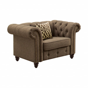 Homeroots Living Room 45" Brown Linen and Black Tufted Chesterfield Chair
