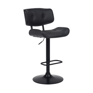 Homeroots Living Room Adjustable Tufted Black Faux Leather and Black Wood Swivel Barstool