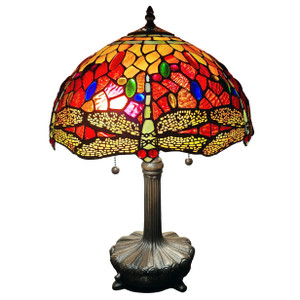 Homeroots Lighting 20" Stained Glass Two Light Dragonfly Accent Table Lamp, Stained Glass, Dark Brown Base