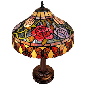 Homeroots Lighting 24" Stained Glass Red Roses Accent Table Lamp, Stained Glass, Red Roses