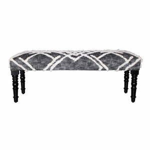Homeroots Living Room 47" Geometric Cotton Upholstered Distressed Bench, Gray and White