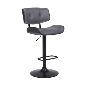 Homeroots Living Room Adjustable Tufted Gray Faux Leather and Black Wood Swivel Barstool