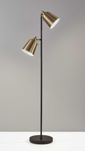 58" Black Two Light Task Floor Lamp With Antiqued Brass Metal Cone Shade