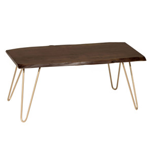 Homeroots Living Room 42" Gold and Rustic Brown Solid Wood Live Edge Rectangular Coffee Table