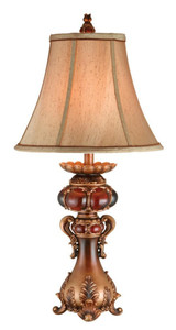 Homeroots Lighting Antique Inspired Table Lamp with Linen Lamp Shade, Antique Brown and Red Finish