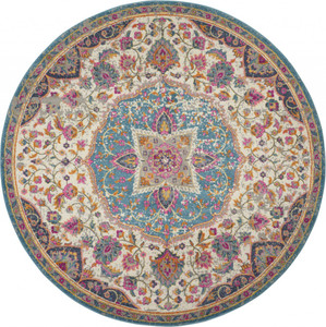 8’ Round Pink and Blue Floral Medallion Area Rug - 4512822822587 8’ Round Pink and Blue Floral Medallion Area Rug - 4512822822587