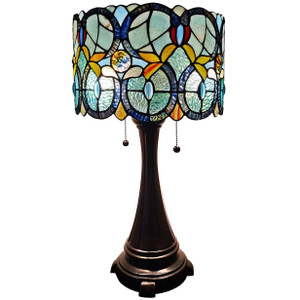 Homeroots Lighting 21" Stained Glass Two Light Jeweled Floral Drum Table Lamp, Multicolored Glass, Matte Brown