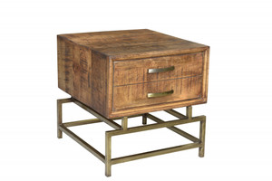 21" Brass And Brown Solid Wood And Iron Square End Table With Drawer - 606114067603 21" Brass And Brown Solid Wood And Iron Square End Table With Drawer - 606114067603