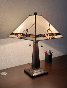 Homeroots Lighting 23" White Stained Glass Floral Two Light Mission Style Table Lamp, White, Mission Style