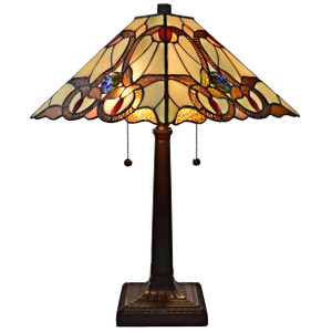 Homeroots Lighting 23" Cream, Red, and Blue Stained Glass Handcrafted Jeweled Two Light Mission Style Table Lamp
