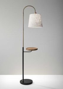 Homeroots Lighting Antique Brass and Black Metal Floor Lamp, With USB Charging Station, Wood Shelf