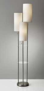 Homeroots Lighting Three Light Floor Lamp, Brushed Steel, with Two Clear Storage Shelves