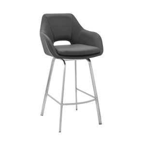 Homeroots Living Room 30" Gray on Stainless Faux Leather Comfy Swivel Bar Stool, Gray, Swivel