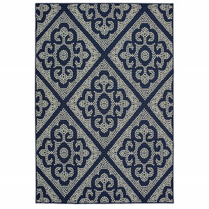 6' X 9' Navy Geometric Stain Resistant Indoor Outdoor Area Rug - 606114573845