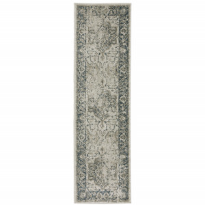 2' X 8' Grey Blue And Teal Oriental Power Loom Stain Resistant Runner Rug - 606114587859