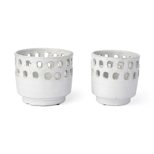 Set of Two White Ceramic Vases with Hollow Details - 808230001572