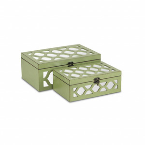 Set of Green Quatrefoil Mirror Jewelry Storage Boxes - 808230079977