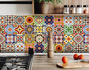 6" X 6" Blue Red Yellow Mosaic Peel And Stick Tiles - 808230083837