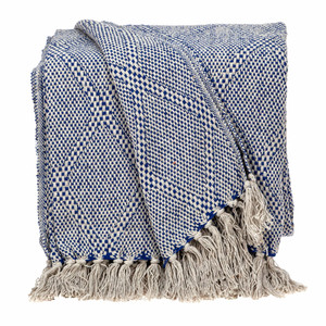 Blue and Beige Woven Handloom Throw with Tassels - 606114636656