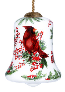 Cardinal Perched on Winter Berries Hand Painted Mouth Blown Glass Ornament - 606114637240