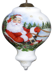 Santa Riding a Sleigh Hand Painted Mouth Blown Glass Ornament - 606114637691