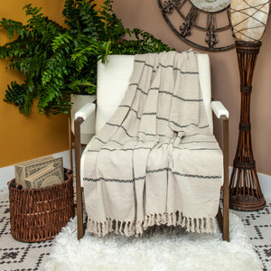 Classic Beige Woven Handloom Throw Blanket with Tassels - 606114636588