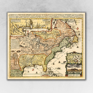 24" X 28" Vintage 1718 Map Of New France - 808230021549