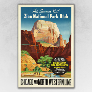 12" x 18" Zion National Utah c1950s Vintage Travel Poster Wall Art - 808230045378