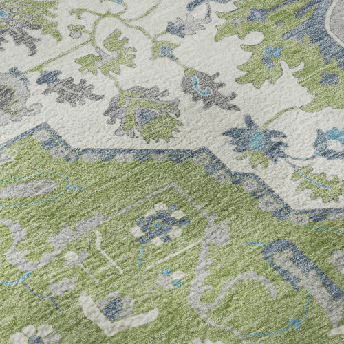 9' X 12' Artichoke Green Ivory And Blue Oriental Washable Area Rug With UV Protection