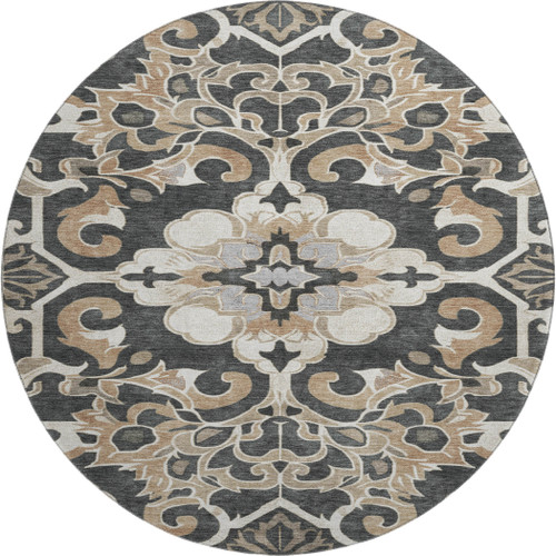 8' Charcoal Taupe And Ivory Floral Medallion Washable Round Rug With UV Protection