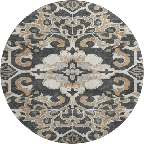 8' Charcoal Taupe And Ivory Floral Medallion Washable Round Rug With UV Protection