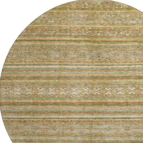 8' Artichoke Green Gold And Gray Striped Washable Round Rug With UV Protection