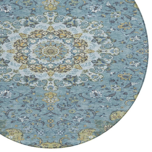 8' Teal Blue And Gold Round Floral Medallion Washable Indoor Outdoor Area Rug