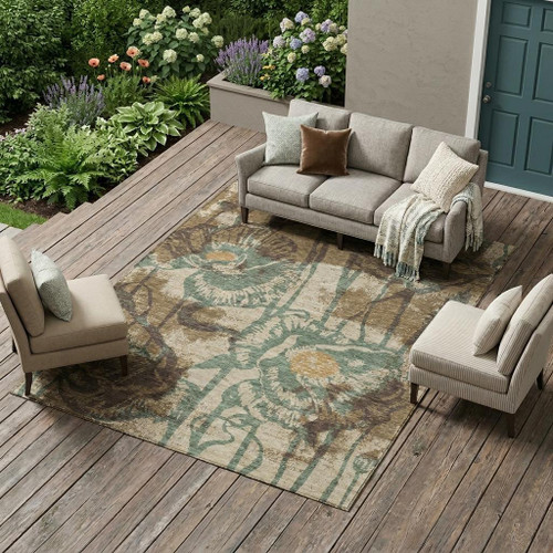 8' X 10' Brown And Beige Floral Washable Indoor Outdoor Area Rug