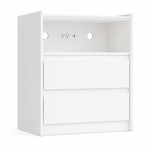 24" White Wood Two Drawer Nightstand with USB Port and Integrated Tech