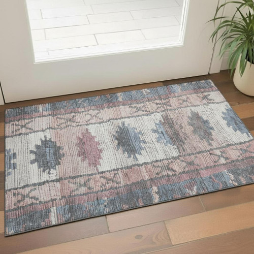 3' X 5' Denim Blue Blush And Ivory Tribal Washable Area Rug With UV Protection