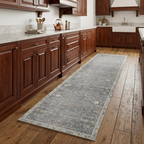 8' Gray And Ivory Floral Runner Rug