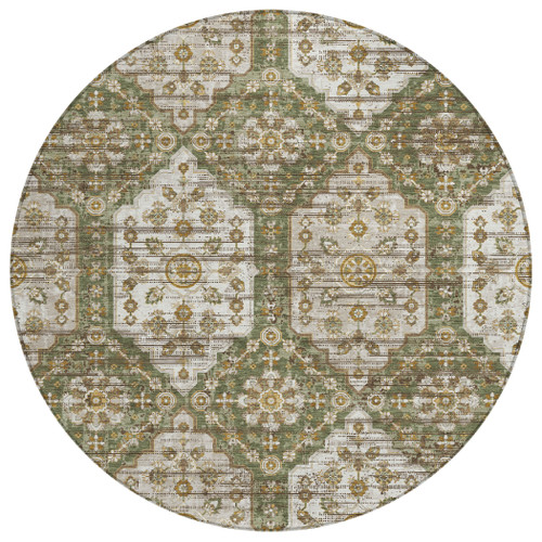 8' Olive Green And Green Round Damask Washable Indoor Outdoor Area Rug
